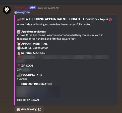 Blurred booking screenshot: Floorworks Joplin, Carpet estimate, Aug 2