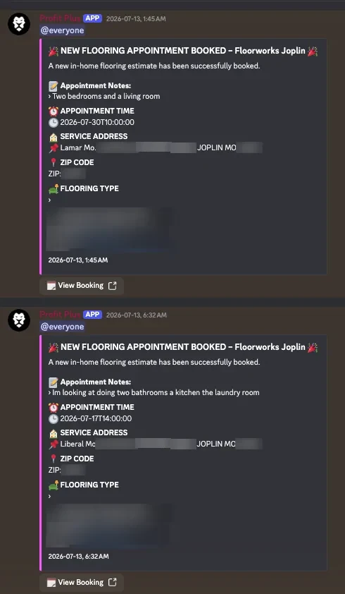 Blurred booking screenshot: Floorworks Joplin, 2 estimates booked overnight, Jul 13