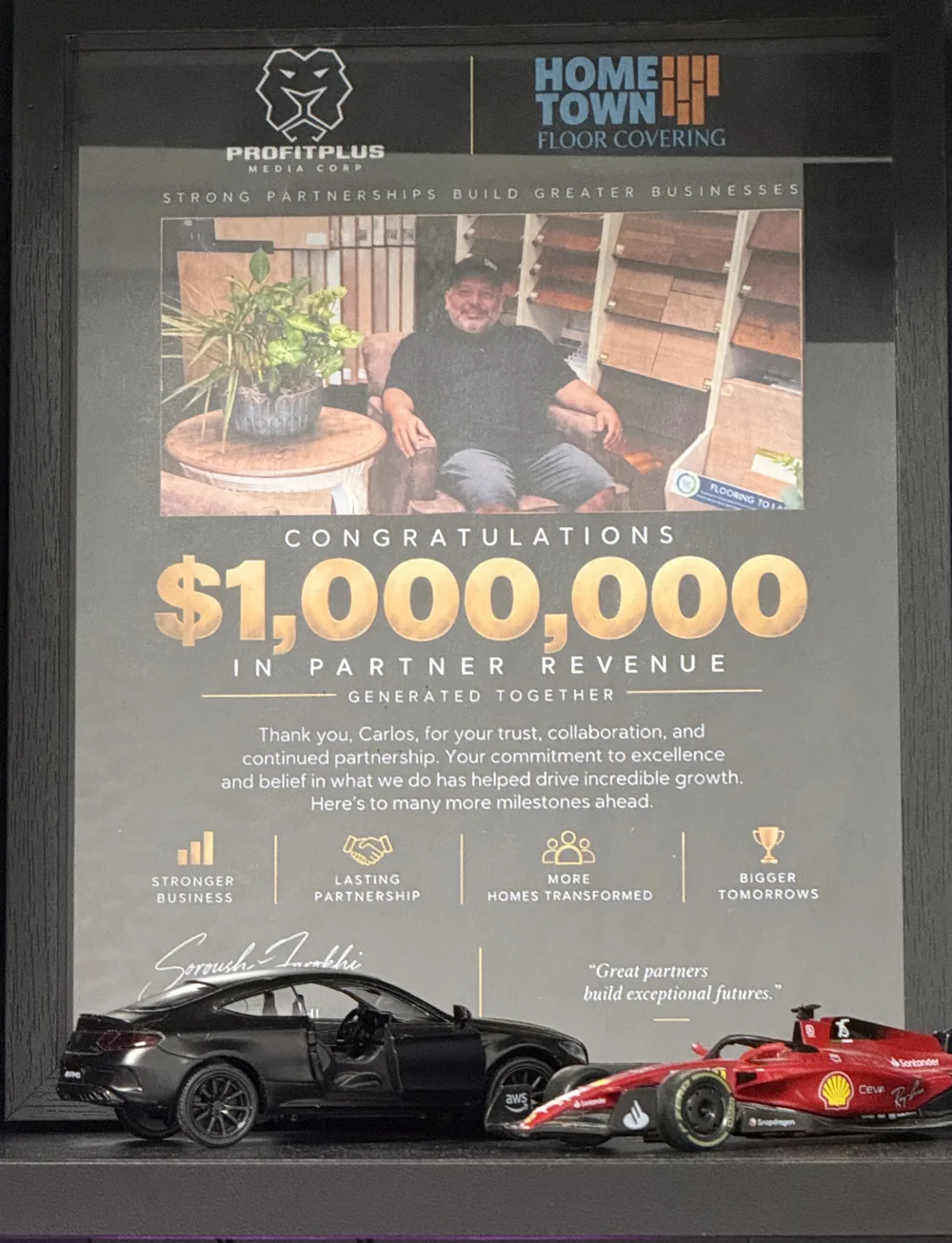 The plaque ProfitPlus Media engraved for Hometown Floor Covering: $1,000,000 in partner revenue generated together